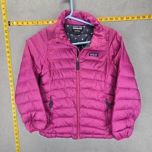 Patagonia Down Puffer Jacket Girls L 10 Pink Geometric Print Aqua Lined 68233